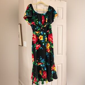 Floral Off-Shoulder Black Dress with Red & Yellow Blooms